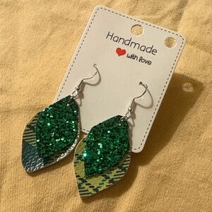 Green Glitter & Plaid Earrings